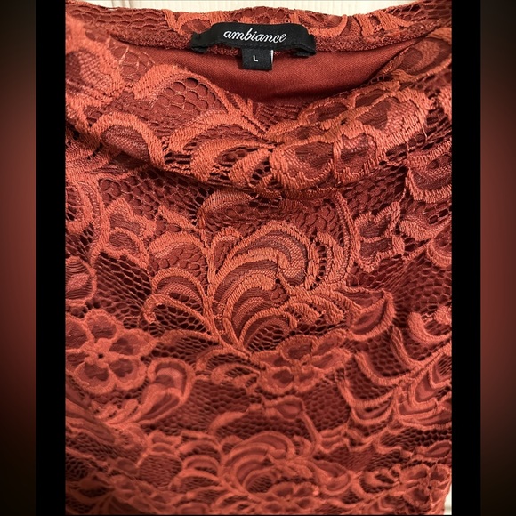 Ambiance Lace Overlay Off the Shoulder Bardot Mini Dress, Rust, Sz Large - Picture 2 of 5